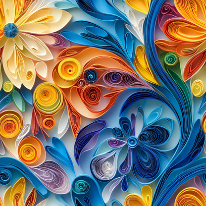 abstract, paper quilling, swirls, spirals, yellow, orange, blue, purple, teal, white, floral motifs, layered design, dimensional effect, rolled paper art, vibrant colors, flowing curves, decorative swirls, quilting cotton, fabric panel, artistic pattern, colorful blooms, curved lines, modern art style