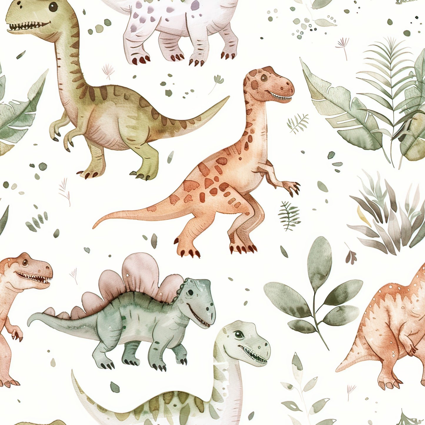 watercolor dinosaurs, prehistoric creatures, soft pastels, muted greens, peachy orange, dusty pink, sage green, botanical foliage, ferns, leaves, scattered dots, whimsical illustration, children's fabric, quilting cotton, fabric panel, gentle artwork, nursery theme, playful dinosaurs, nature elements, seamless pattern