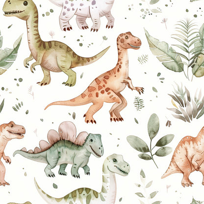 watercolor dinosaurs, prehistoric creatures, soft pastels, muted greens, peachy orange, dusty pink, sage green, botanical foliage, ferns, leaves, scattered dots, whimsical illustration, children's fabric, quilting cotton, fabric panel, gentle artwork, nursery theme, playful dinosaurs, nature elements, seamless pattern