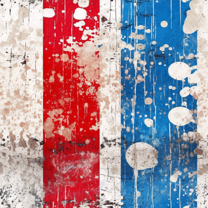red, white, blue, distressed, weathered, vintage, patriotic, americana, paint splatter, drips, worn texture, aged appearance, vertical stripes, abstract, rustic, quilting cotton, fabric panel, grunge style, faded paint, americana theme