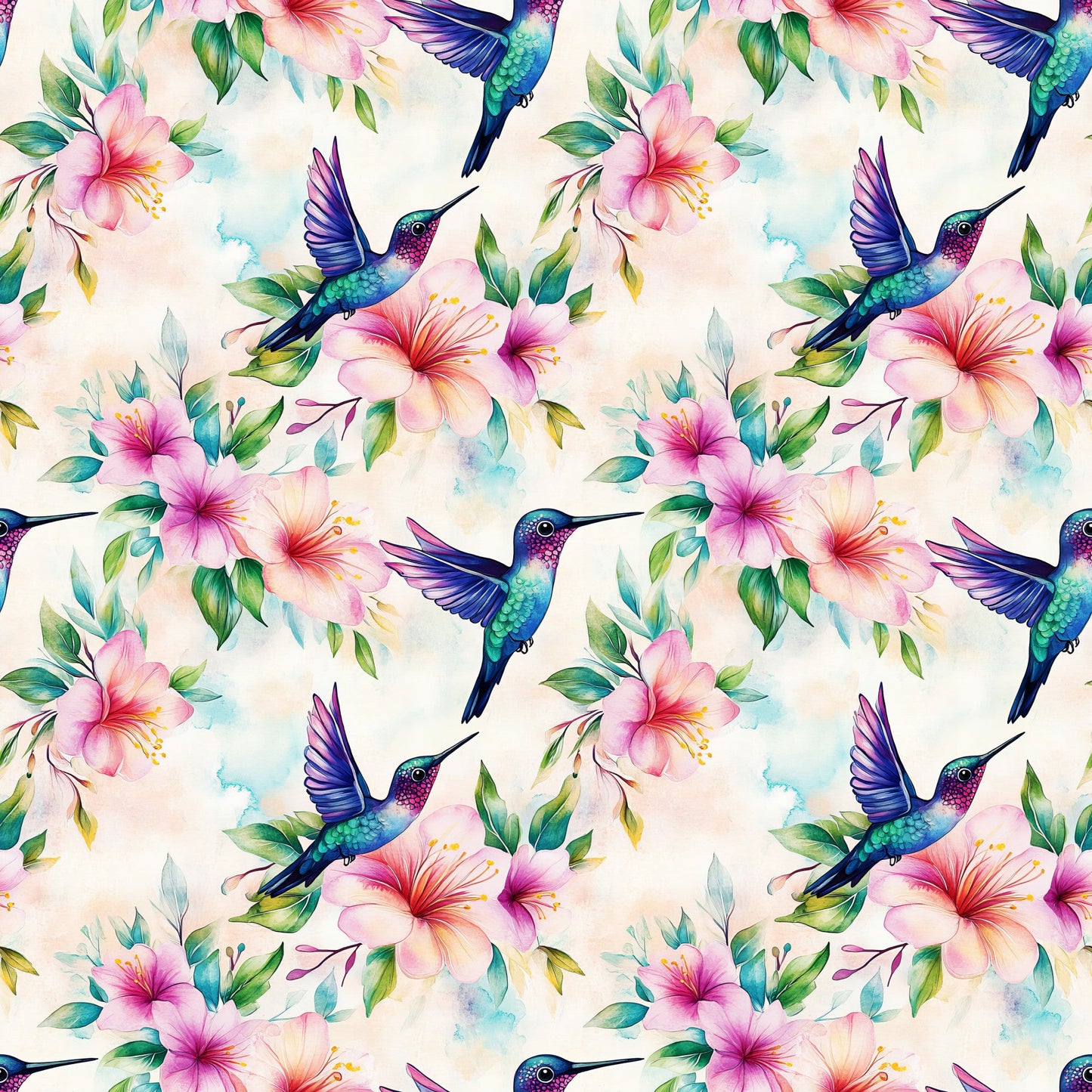 Daily Deal: Watercolor Hummingbirds and Hibiscus Pattern 1 Quilting Cotton Fabric - 118" x 1 Yard"
