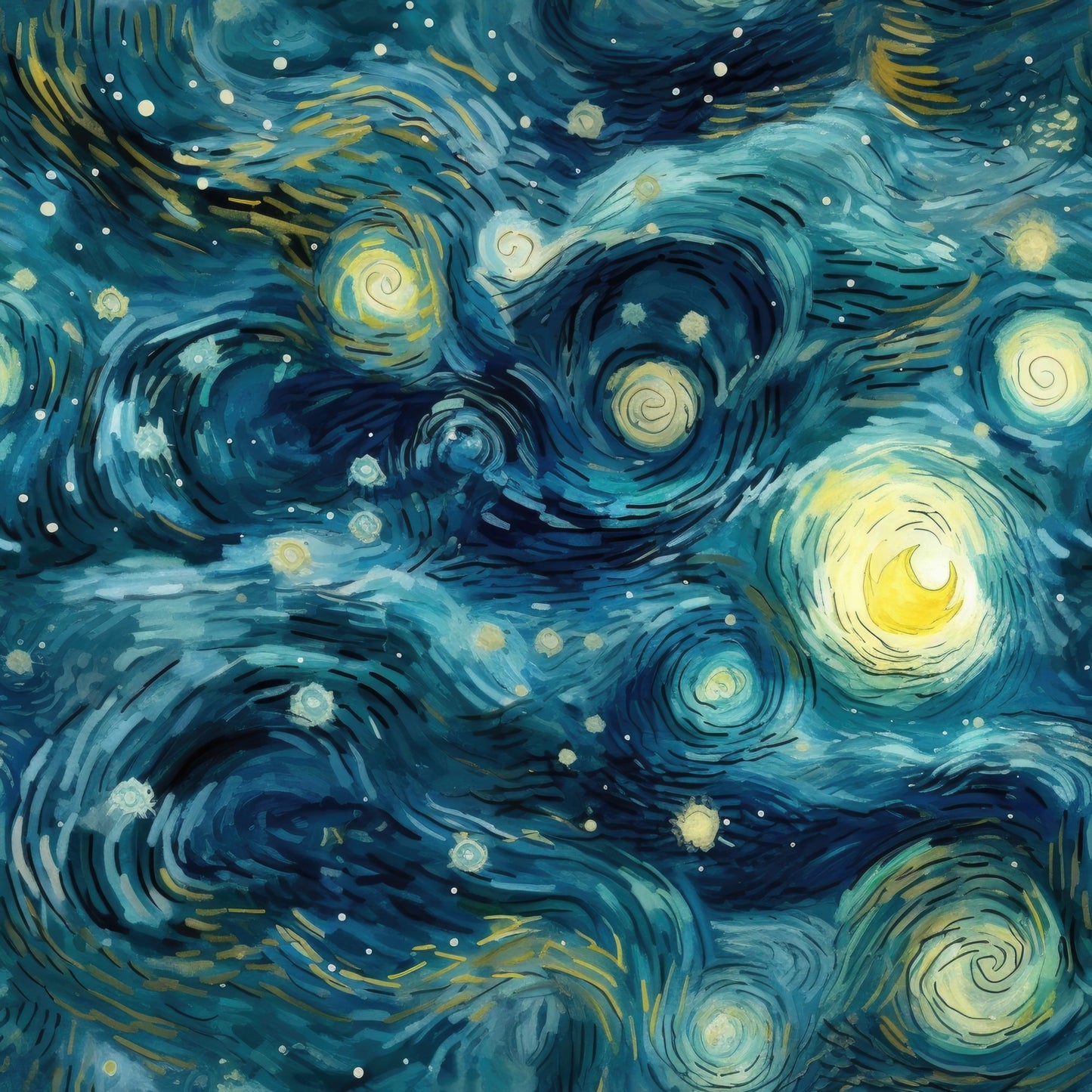 navy blue, deep blue, yellow, golden yellow, white dots, swirling patterns, spiral motifs, starry sky, night scene, celestial design, impressionist style, dreamy atmosphere, van gogh inspired, cosmic swirls, quilting cotton, fabric panel, artistic print, flowing brushstrokes, luminous stars, nocturnal theme