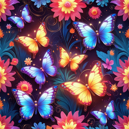 fantasy butterflies, vibrant colors, purple wings, blue wings, yellow wings, orange wings, pink flowers, tropical blooms, dark background, magical pattern, quilting cotton, fabric panel, whimsical design, nature motifs, floral elements, enchanted garden, butterfly wings, colorful insects, fantasy creatures, decorative swirls