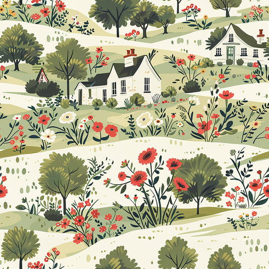cottagecore pattern, quilting cotton, fabric panel, rolling hills, country houses, white cottages, red flowers, green foliage, pastoral landscape, whimsical illustration, sage green, coral red, cream background, trees, botanical elements, rural scene, folk art style, charming countryside, wildflowers, cozy homes