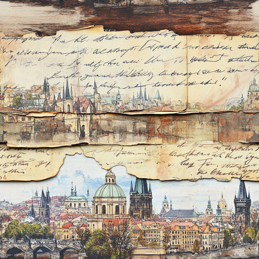 vintage maps, aged paper, handwritten script, european cityscape, cathedral spires, church domes, sepia tones, brown hues, cream colors, weathered textures, architectural landmarks, medieval buildings, quilting cotton, fabric panel, travel theme, antique illustrations, watercolor style, historical documents, old world charm, distressed edges