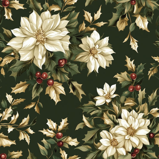 cream flowers, white blooms, red berries, holly leaves, green foliage, dark green background, botanical pattern, christmas motif, holiday fabric, winter florals, quilting cotton, fabric panel, seasonal design, festive pattern, natural elements, floral arrangement, dahlia flowers, vintage style, rich colors, repeating pattern