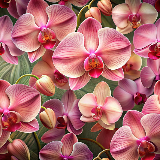 orchids, pink flowers, magenta petals, peach tones, coral hues, realistic floral, botanical pattern, tropical flowers, quilting cotton, fabric panel, lush blooms, exotic flowers, nature motif, garden theme, vibrant florals, detailed petals, flower centers, organic design, spring blooms, floral arrangement
