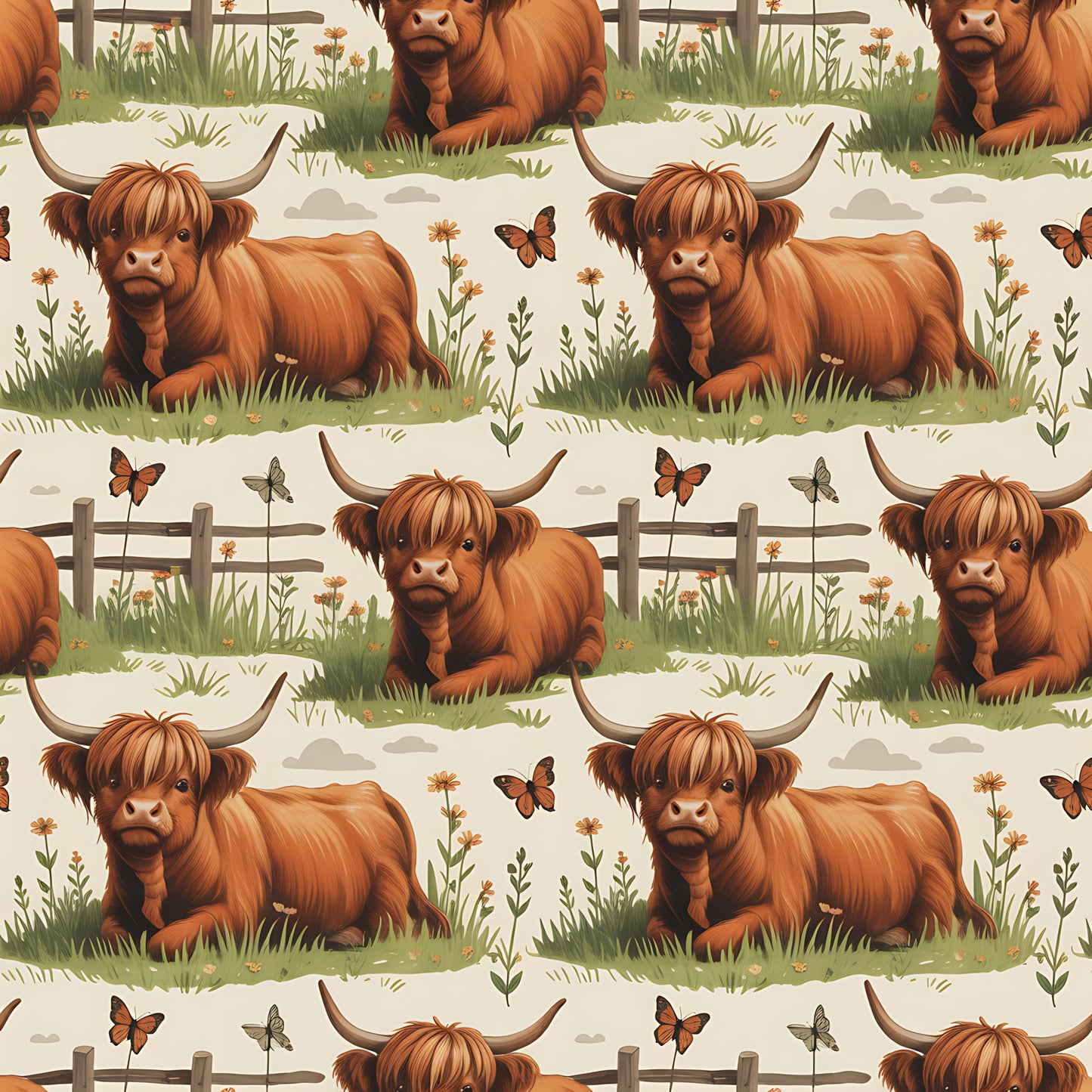 Cartoon Highland Cows Pattern 7 Quilting Cotton Fabric