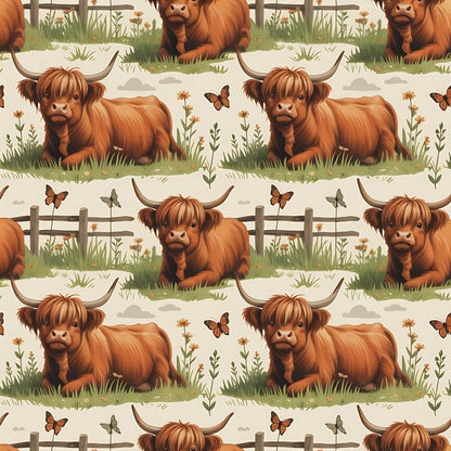 Cartoon Highland Cows Pattern 7 Quilting Cotton Fabric