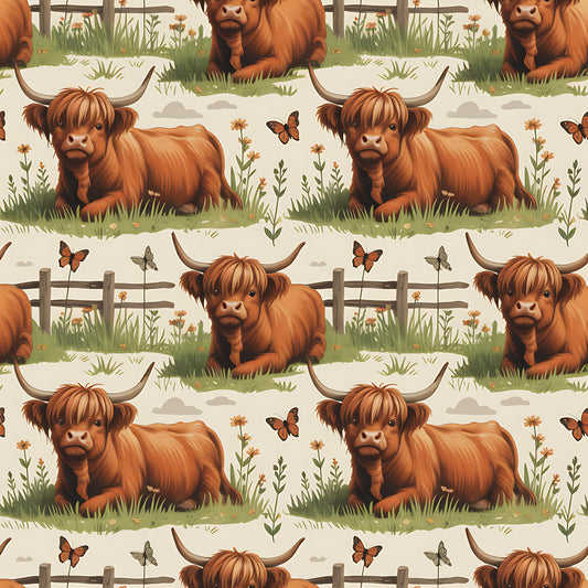 Cartoon Highland Cows Pattern 7 Quilting Cotton Fabric