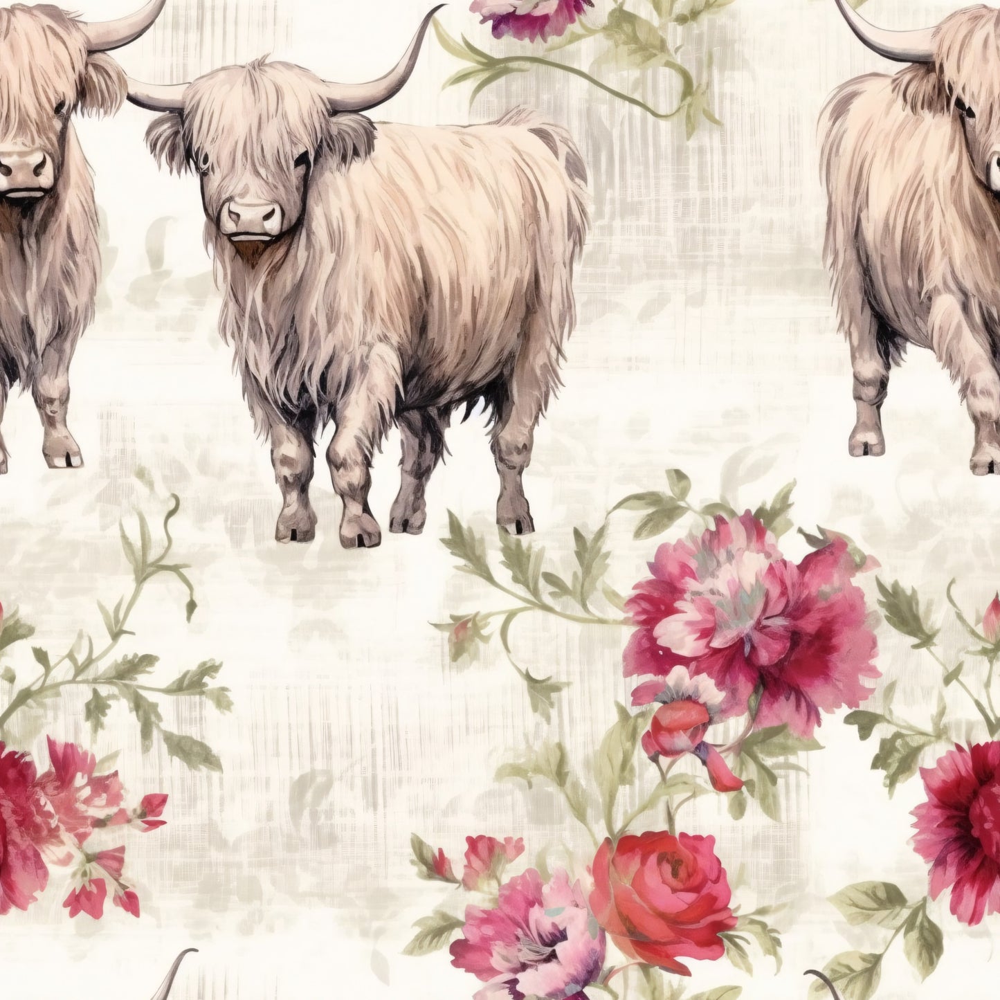 highland cows, scottish cattle, long horned cattle, shaggy fur, cream colored, beige tones, pink flowers, burgundy blooms, floral pattern, roses, peonies, green leaves, quilting cotton, fabric panel, farm animals, pastoral scene, rustic style, country theme, soft colors, repeating pattern