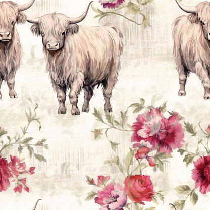 highland cows, scottish cattle, long horned cattle, shaggy fur, cream colored, beige tones, pink flowers, burgundy blooms, floral pattern, roses, peonies, green leaves, quilting cotton, fabric panel, farm animals, pastoral scene, rustic style, country theme, soft colors, repeating pattern
