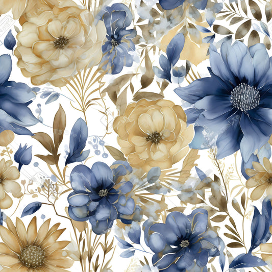 blue flowers, gold flowers, cream background, watercolor style, botanical pattern, large blooms, leafy foliage, quilting cotton, fabric panel, floral design, soft pastels, vintage inspired, romantic mood, layered petals, natural elements, elegant florals, muted tones, organic shapes, flowing composition
