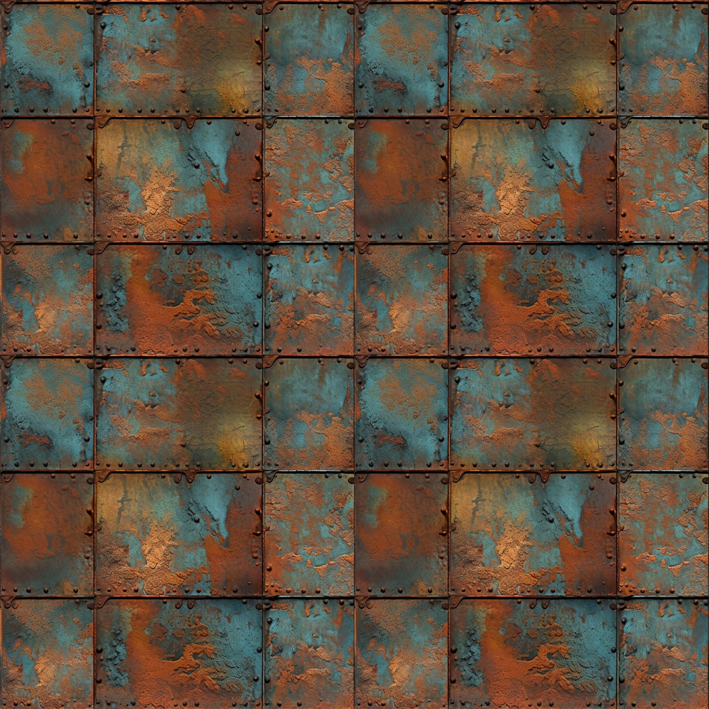 rust orange, teal blue, copper brown, weathered metal, oxidized surface, patina texture, industrial pattern, distressed finish, riveted panels, corroded steel, vintage metal, steampunk aesthetic, grunge texture, quilting cotton, fabric panel, metallic appearance, aged iron, turquoise accents, geometric squares, textured surface