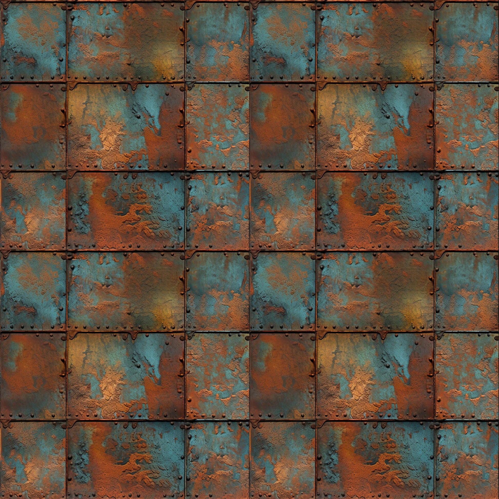 rust orange, teal blue, copper brown, weathered metal, oxidized surface, patina texture, industrial pattern, distressed finish, riveted panels, corroded steel, vintage metal, steampunk aesthetic, grunge texture, quilting cotton, fabric panel, metallic appearance, aged iron, turquoise accents, geometric squares, textured surface