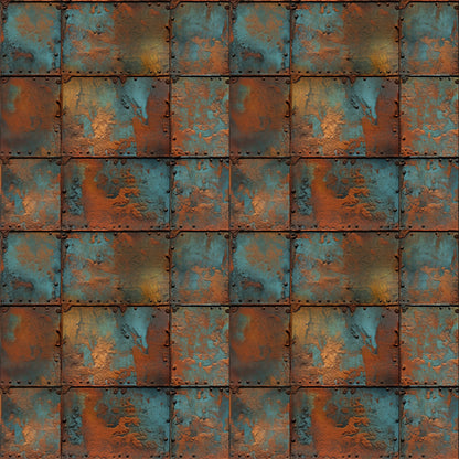 rust orange, teal blue, copper brown, weathered metal, oxidized surface, patina texture, industrial pattern, distressed finish, riveted panels, corroded steel, vintage metal, steampunk aesthetic, grunge texture, quilting cotton, fabric panel, metallic appearance, aged iron, turquoise accents, geometric squares, textured surface