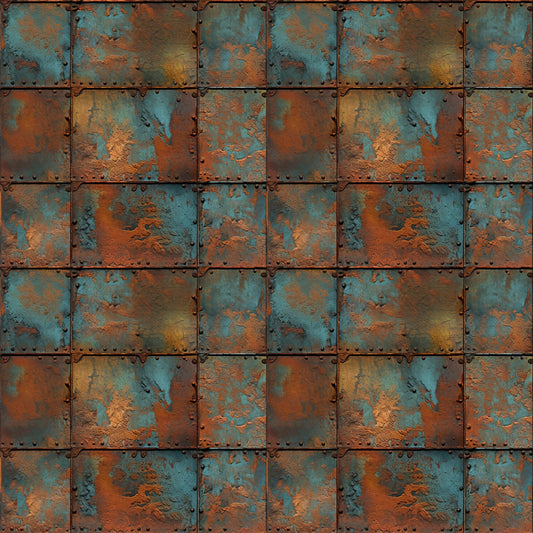 rust orange, teal blue, copper brown, weathered metal, oxidized surface, patina texture, industrial pattern, distressed finish, riveted panels, corroded steel, vintage metal, steampunk aesthetic, grunge texture, quilting cotton, fabric panel, metallic appearance, aged iron, turquoise accents, geometric squares, textured surface
