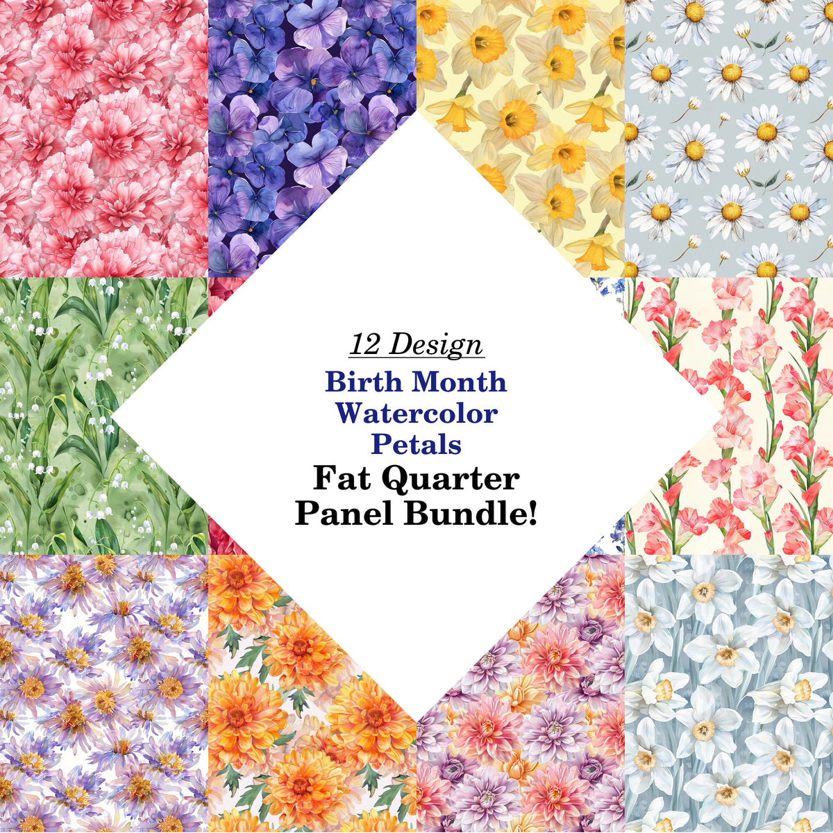 Birth Month Watercolor Petals Fat Quarter Bundle