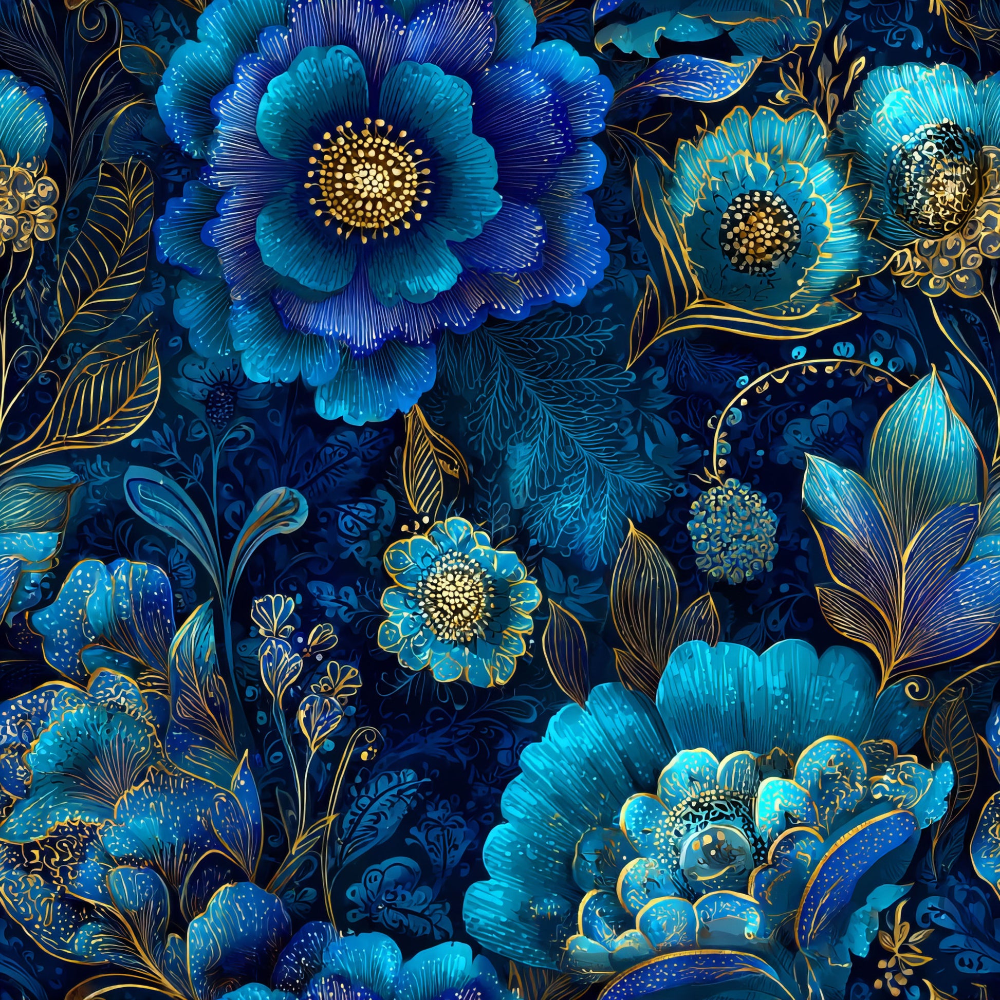 blue, turquoise, navy, gold, ornamental flowers, decorative blooms, paisley, intricate petals, detailed centers, flowing leaves, botanical motifs, luxurious pattern, elegant design, quilting cotton, fabric panel, rich colors, metallic accents, floral arrangement, ornate style, decorative art