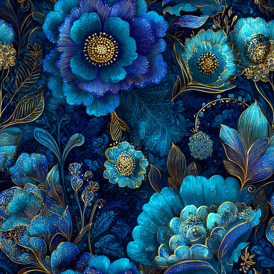 blue, turquoise, navy, gold, ornamental flowers, decorative blooms, paisley, intricate petals, detailed centers, flowing leaves, botanical motifs, luxurious pattern, elegant design, quilting cotton, fabric panel, rich colors, metallic accents, floral arrangement, ornate style, decorative art