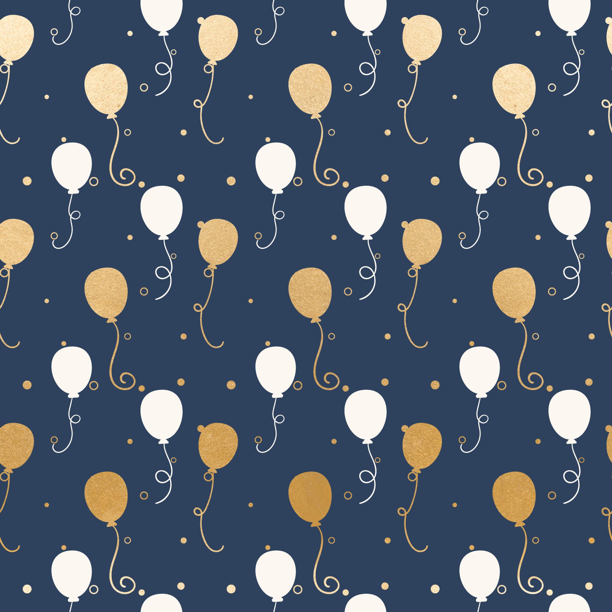 navy blue, gold, white, balloons, celebration, party, festive, curly ribbons, dots, confetti, repeating pattern, quilting cotton, fabric panel, elegant, sophisticated, birthday, anniversary, joyful, whimsical, modern