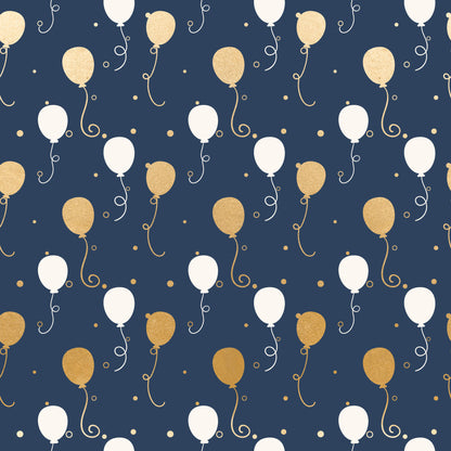 navy blue, gold, white, balloons, celebration, party, festive, curly ribbons, dots, confetti, repeating pattern, quilting cotton, fabric panel, elegant, sophisticated, birthday, anniversary, joyful, whimsical, modern