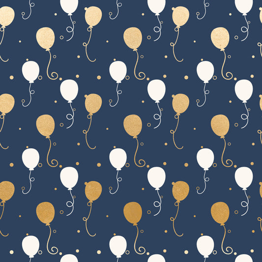 navy blue, gold, white, balloons, celebration, party, festive, curly ribbons, dots, confetti, repeating pattern, quilting cotton, fabric panel, elegant, sophisticated, birthday, anniversary, joyful, whimsical, modern