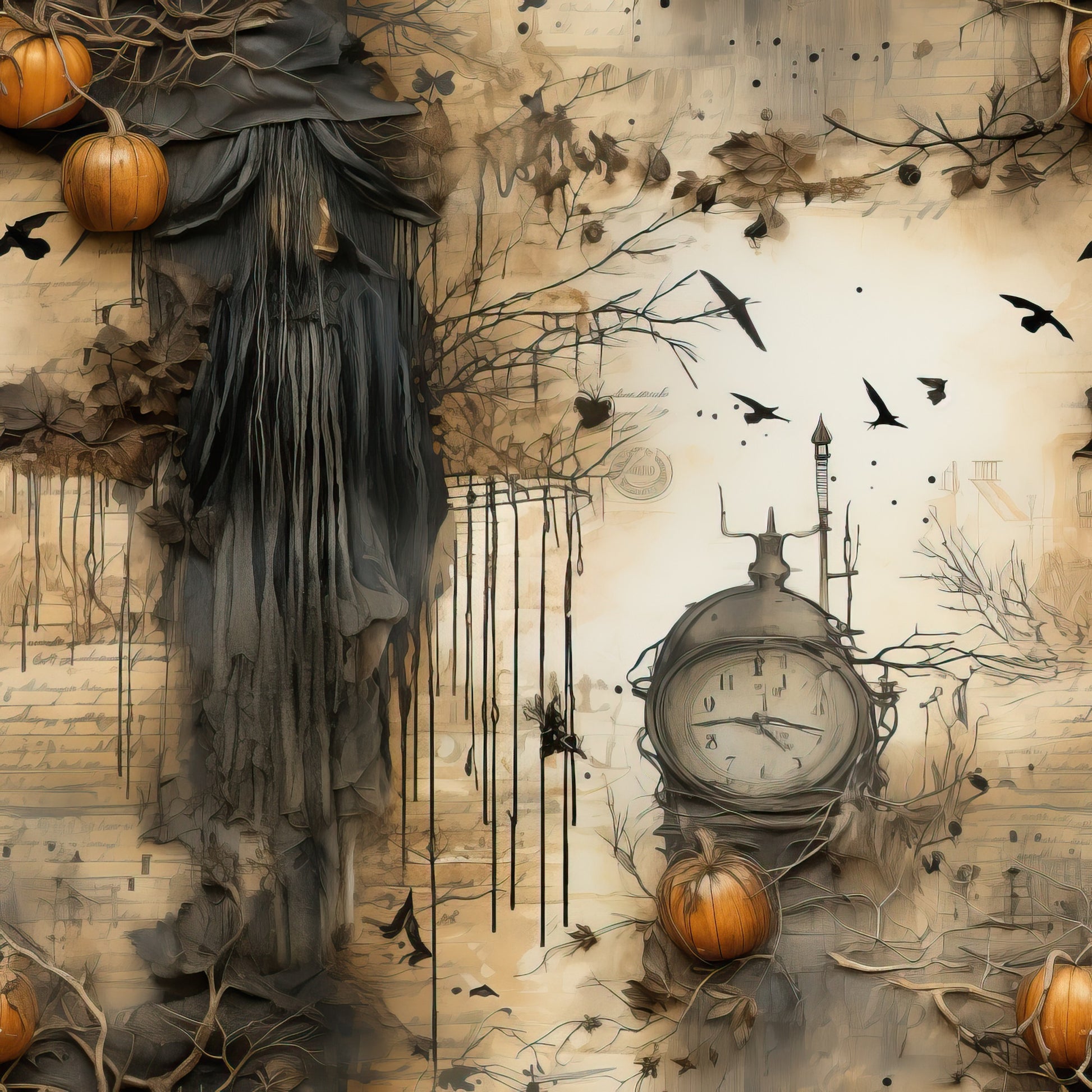 beige, cream, orange, dark gray, halloween, autumn, pumpkins, clock, ravens, flying birds, bare branches, dripping elements, gothic, spooky, witchy, vintage style, quilting cotton, fabric panel, seasonal, moody atmosphere