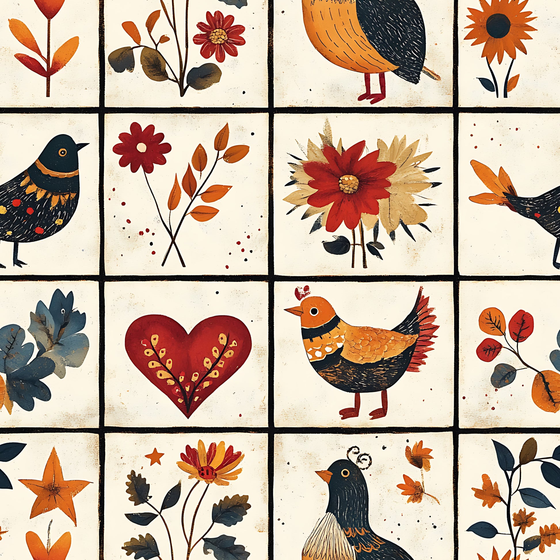 autumn colors, quilting cotton, fabric panel, folk art, birds, flowers, heart motif, orange, red, navy blue, cream background, botanical designs, decorative stitching, patchwork squares, rustic style, harvest theme, stylized animals, floral motifs, warm tones, crafting fabric