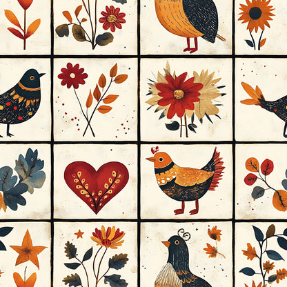 autumn colors, quilting cotton, fabric panel, folk art, birds, flowers, heart motif, orange, red, navy blue, cream background, botanical designs, decorative stitching, patchwork squares, rustic style, harvest theme, stylized animals, floral motifs, warm tones, crafting fabric