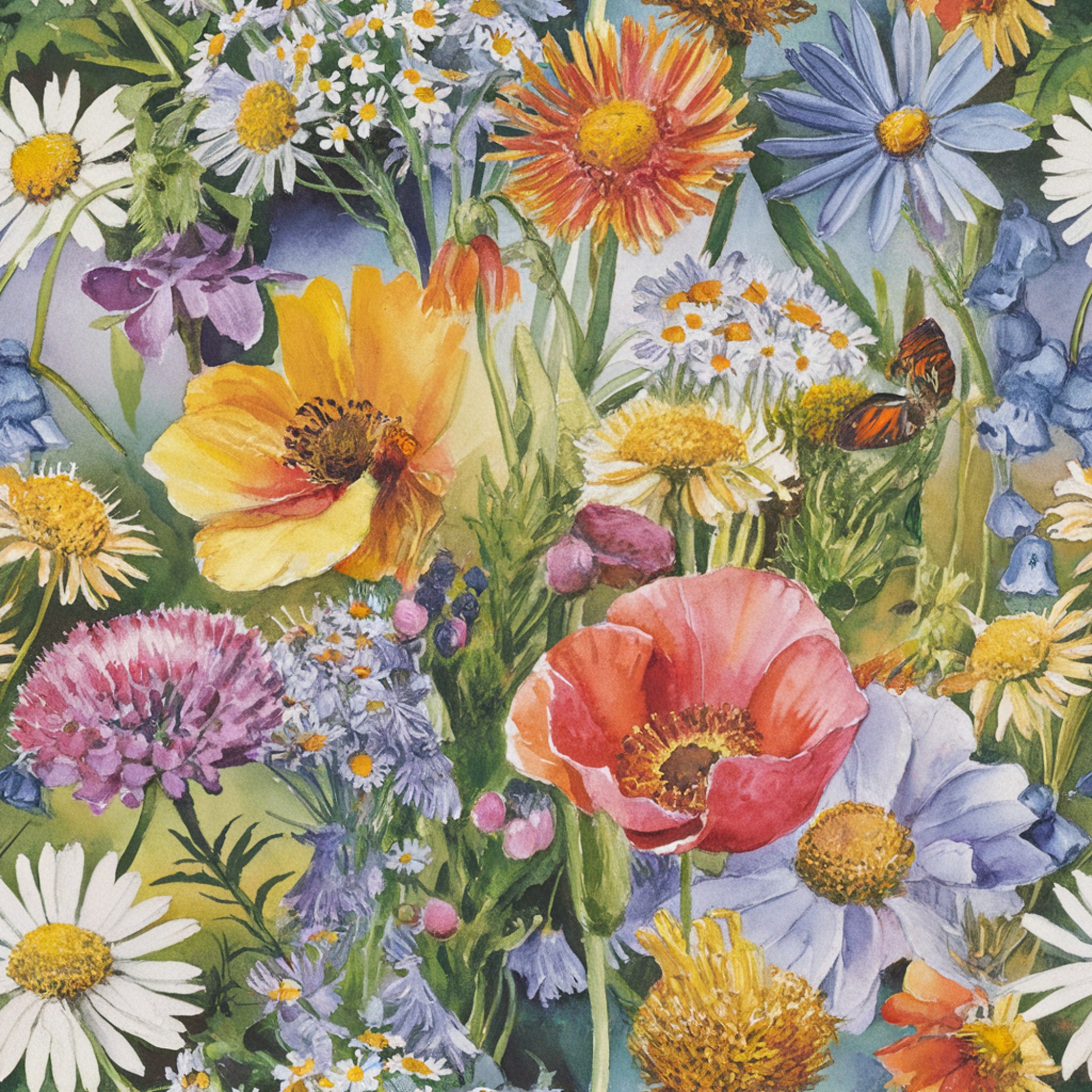 wildflowers, botanical illustration, watercolor style, coral poppies, purple asters, white daisies, yellow centers, orange petals, lavender blooms, green foliage, meadow flowers, spring garden, nature motif, floral pattern, quilting cotton, fabric panel, realistic flowers, mixed blooms, cottage garden, vibrant colors