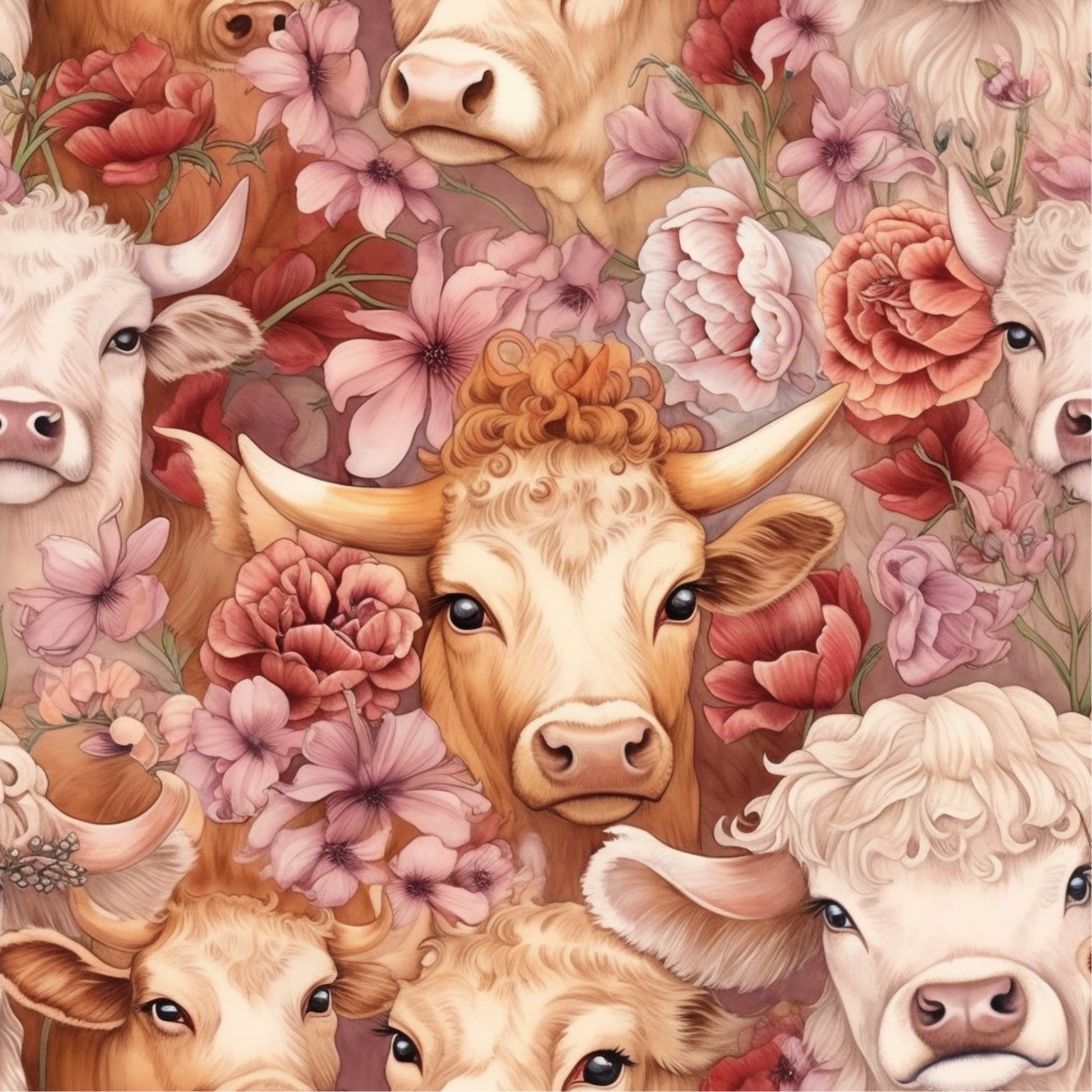 highland cows, floral pattern, pink flowers, coral blooms, cream colored, tan brown, peach tones, rose petals, cow faces, horned cattle, botanical design, whimsical illustration, quilting cotton, fabric panel, pastoral theme, farmhouse style, soft pastels, detailed artwork, repeating motif, nature inspired