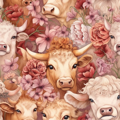 highland cows, floral pattern, pink flowers, coral blooms, cream colored, tan brown, peach tones, rose petals, cow faces, horned cattle, botanical design, whimsical illustration, quilting cotton, fabric panel, pastoral theme, farmhouse style, soft pastels, detailed artwork, repeating motif, nature inspired