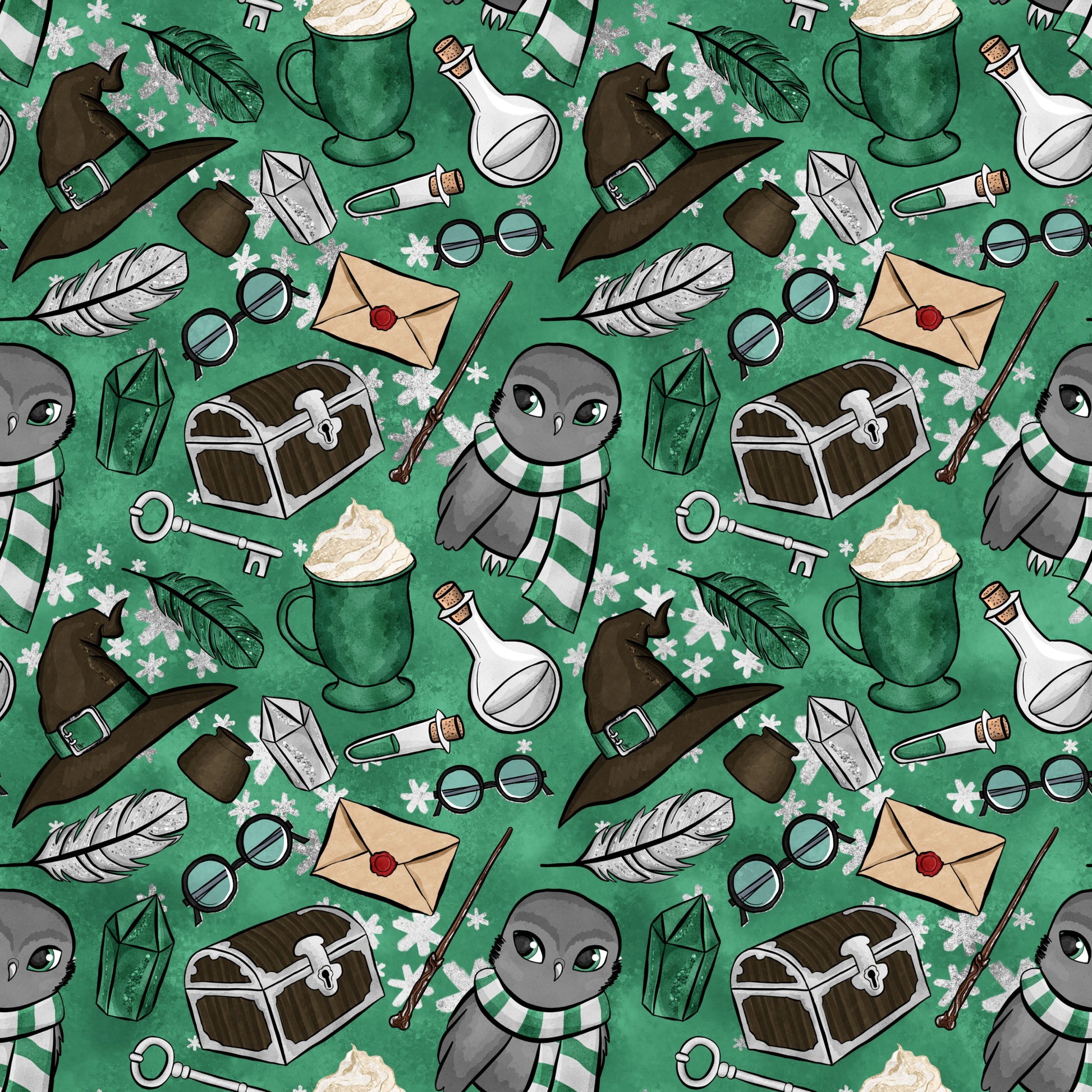 emerald green, forest green, wizard pattern, magical theme, owl characters, witch hats, potion bottles, treasure chests, feathers, magnifying glass, spectacles, wands, envelopes, keys, striped scarves, whimsical illustration, cartoon style, quilting cotton, repeating pattern, fantasy motifs, snowflakes, mystical elements