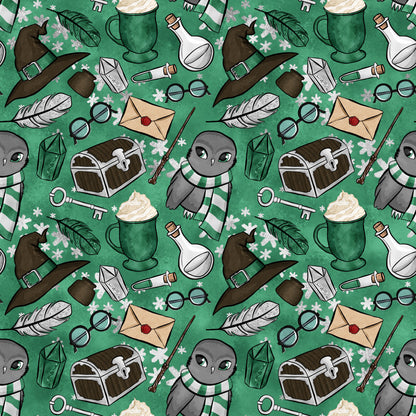 emerald green, forest green, wizard pattern, magical theme, owl characters, witch hats, potion bottles, treasure chests, feathers, magnifying glass, spectacles, wands, envelopes, keys, striped scarves, whimsical illustration, cartoon style, quilting cotton, repeating pattern, fantasy motifs, snowflakes, mystical elements
