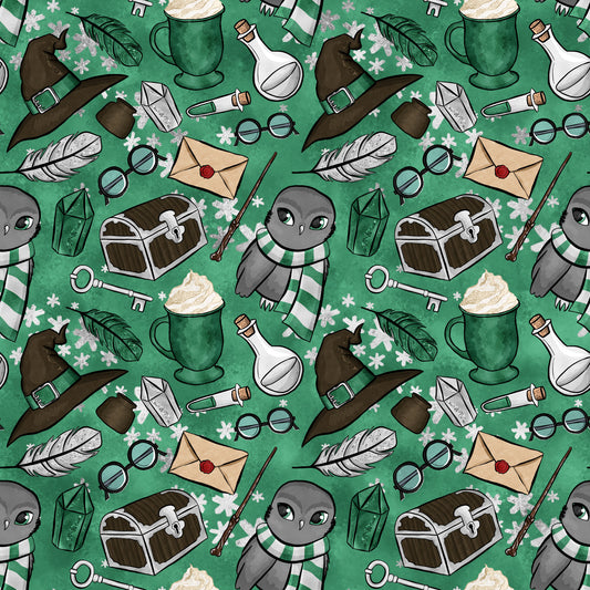 emerald green, forest green, wizard pattern, magical theme, owl characters, witch hats, potion bottles, treasure chests, feathers, magnifying glass, spectacles, wands, envelopes, keys, striped scarves, whimsical illustration, cartoon style, quilting cotton, repeating pattern, fantasy motifs, snowflakes, mystical elements