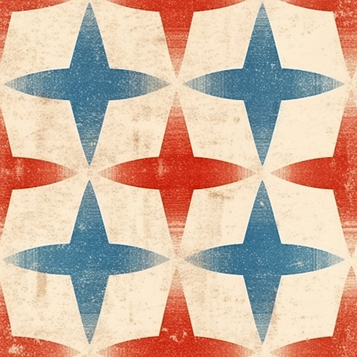distressed texture, patriotic colors, red white blue, four-pointed stars, geometric pattern, vintage finish, weathered appearance, quilting cotton, fabric panel, americana theme, star motifs, repeating design, cotton fabric, crafting material, sewing fabric, aged look, distressed stars, patriotic quilting, vintage americana, worn texture