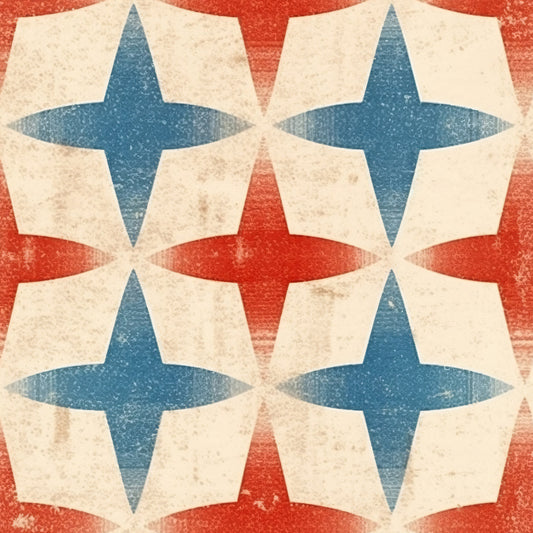 distressed texture, patriotic colors, red white blue, four-pointed stars, geometric pattern, vintage finish, weathered appearance, quilting cotton, fabric panel, americana theme, star motifs, repeating design, cotton fabric, crafting material, sewing fabric, aged look, distressed stars, patriotic quilting, vintage americana, worn texture