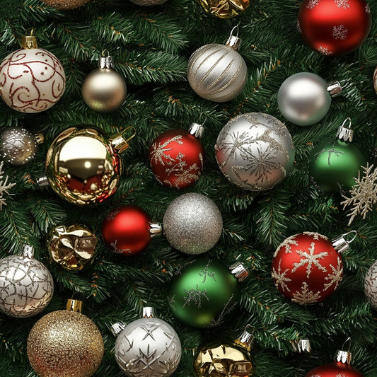 christmas ornaments, red baubles, gold ornaments, green baubles, silver ornaments, evergreen branches, pine needles, snowflake patterns, glittery decorations, holiday baubles, festive spheres, metallic finishes, christmas tree branches, ornament collection, quilting cotton, fabric panel, holiday theme, winter decorations, realistic design, christmas motifs