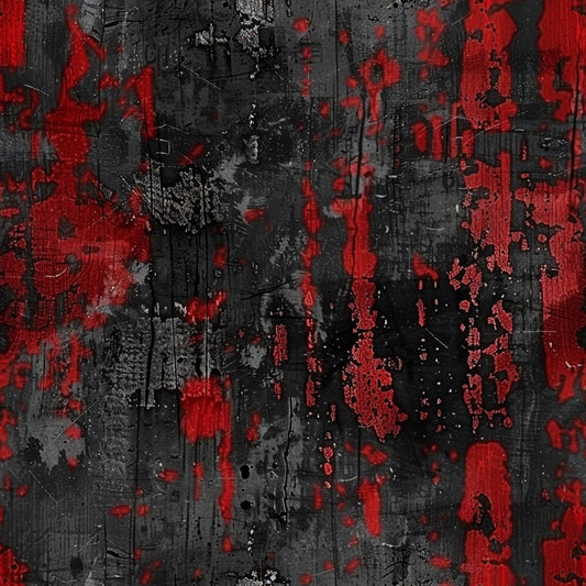 red, black, grunge, distressed, abstract, splatters, drips, weathered, textured, dark, moody, urban, industrial, cotton fabric, quilting panel, paint splashes, grungy, rough texture, crimson, charcoal