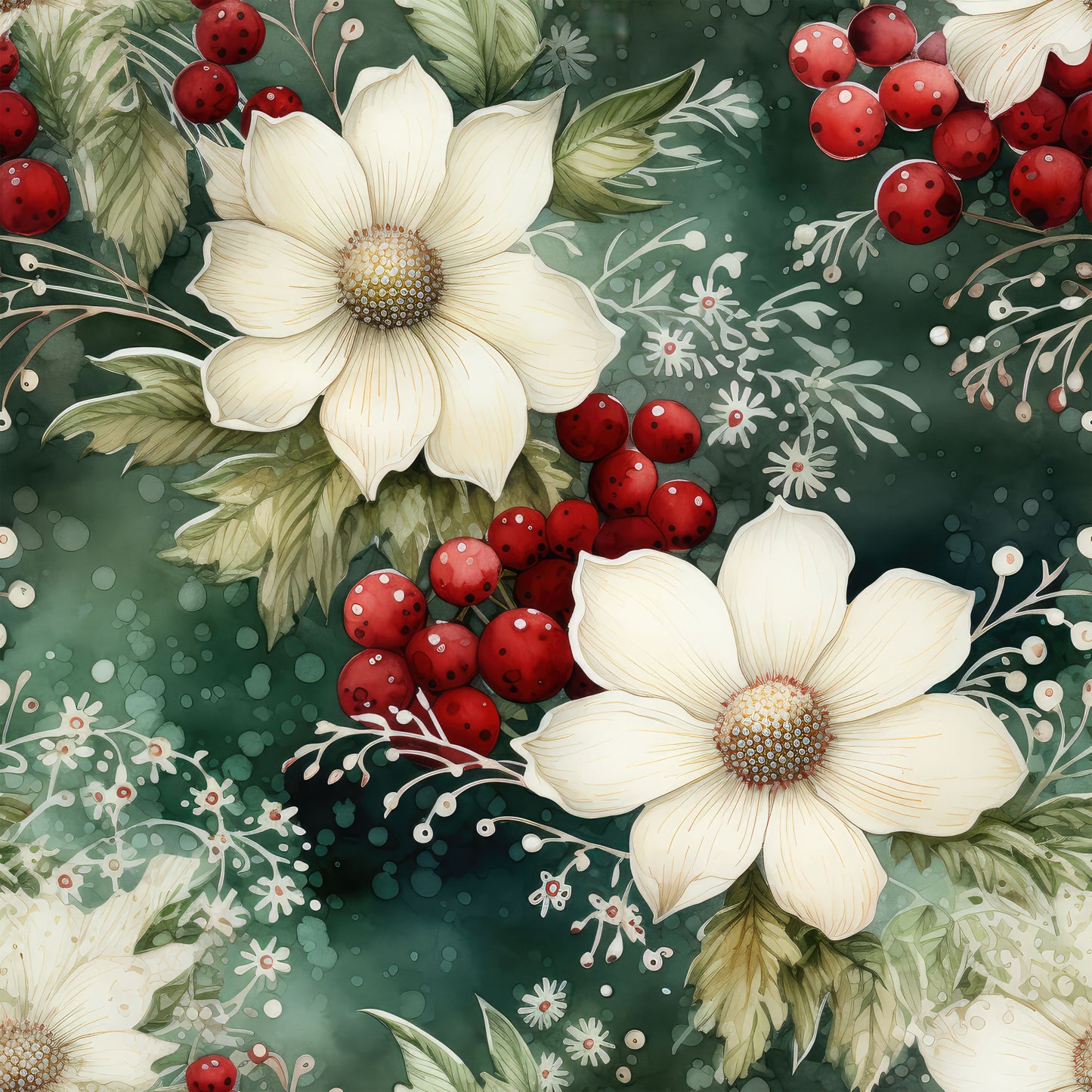 cream flowers, red berries, forest green, white blossoms, botanical pattern, christmas florals, winter botanicals, quilting cotton, fabric panel, floral design, holiday motif, nature elements, vintage style, watercolor effect, festive colors, holiday crafting, sewing fabric, cotton material, seasonal pattern, decorative florals