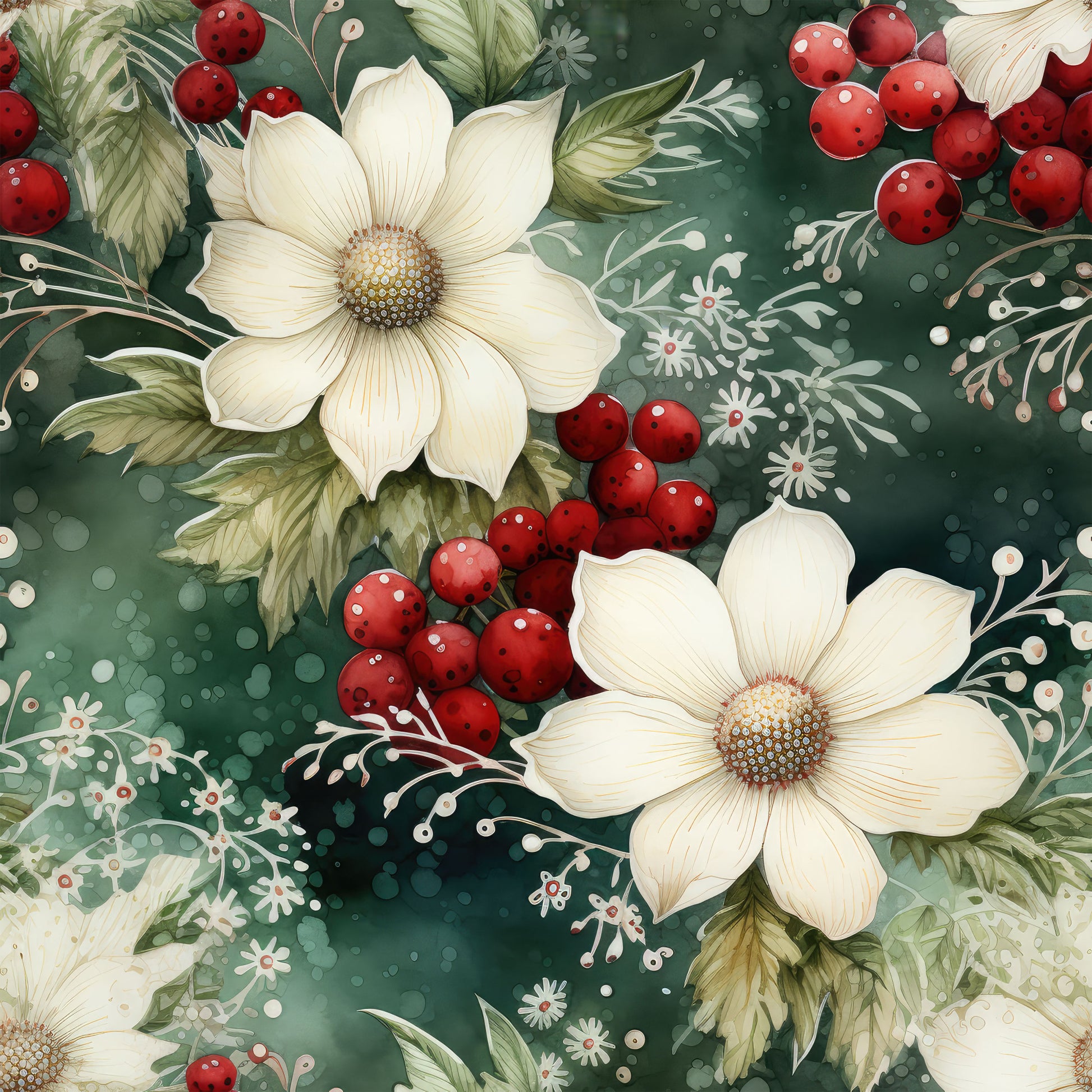cream flowers, red berries, forest green, white blossoms, botanical pattern, christmas florals, winter botanicals, quilting cotton, fabric panel, floral design, holiday motif, nature elements, vintage style, watercolor effect, festive colors, holiday crafting, sewing fabric, cotton material, seasonal pattern, decorative florals