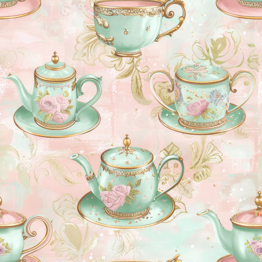 mint green, soft pink, gold accents, teacups, teapots, saucers, floral roses, vintage chinaware, tea party, whimsical, delicate patterns, pastel colors, quilting cotton, fabric panel, ornate details, shabby chic, feminine design, botanical elements, elegant tableware, repeating pattern