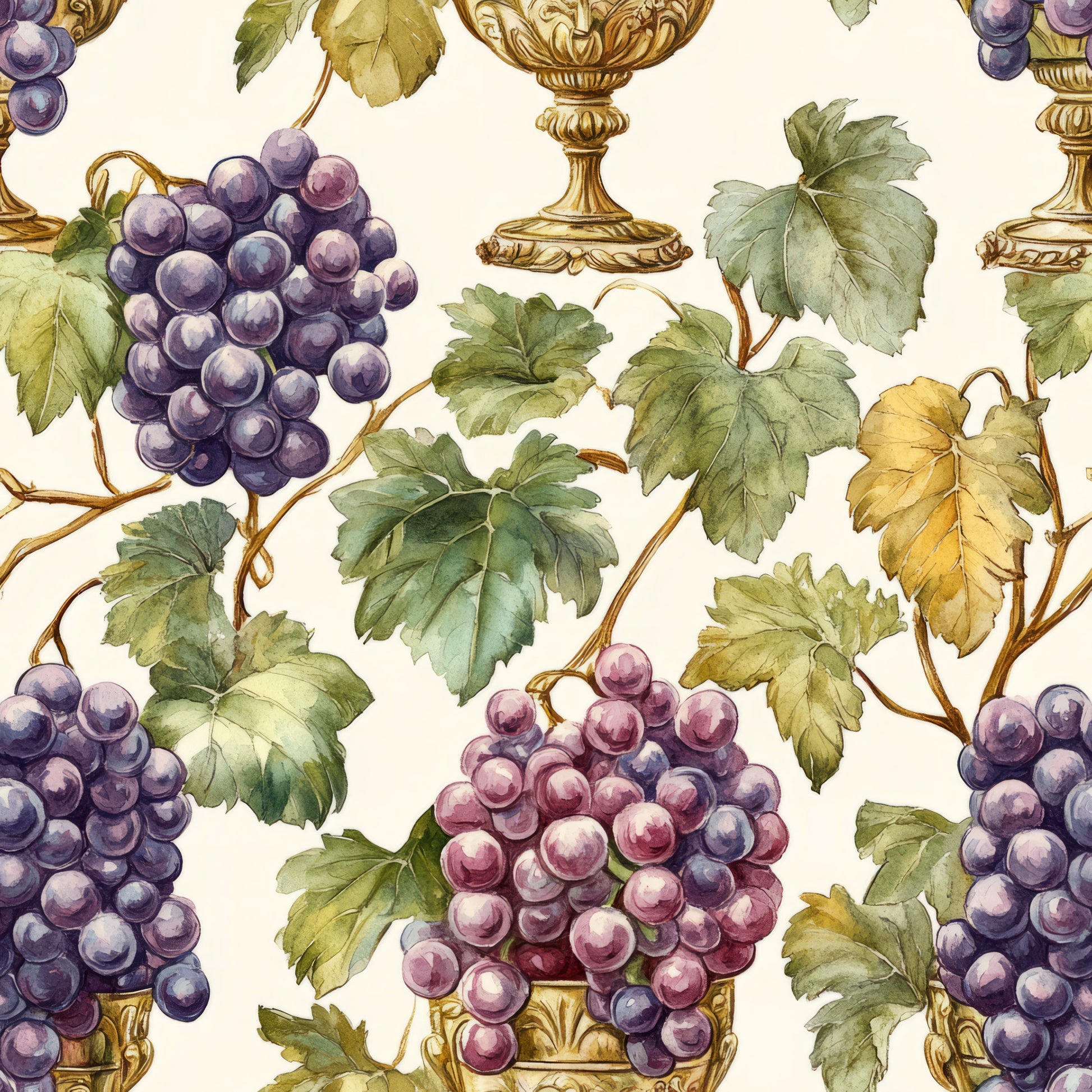 grape clusters, vineyard pattern, purple grapes, green leaves, grapevines, gold chalices, wine goblets, cream background, botanical illustration, watercolor style, vintage ornaments, decorative vessels, fruit motifs, wine theme, quilting cotton, fabric panel, nature elements, harvest theme, elegant styling, ornate details