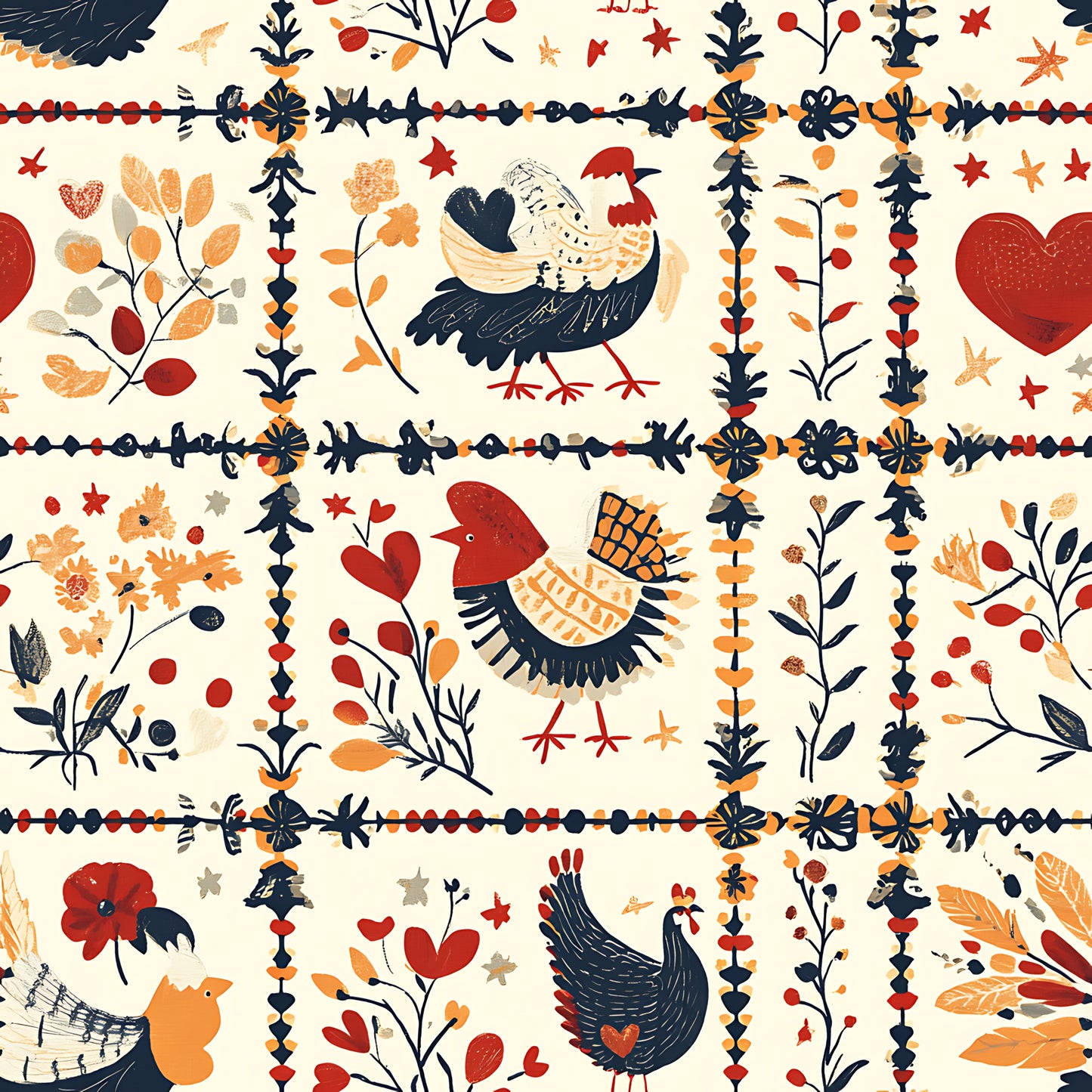 cream background, navy blue, rust red, golden orange, folk art, roosters, chickens, birds, floral motifs, decorative borders, hearts, leaves, geometric patterns, quilting cotton, fabric panel, autumn colors, country style, repeating design, hand-drawn style, farmhouse theme