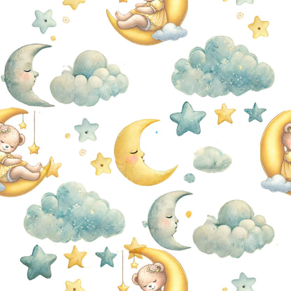 teddy bears, crescent moons, fluffy clouds, yellow stars, teal stars, watercolor style, nursery theme, baby fabric, quilting cotton, soft pastels, yellow moons, blue clouds, sleepy bears, celestial pattern, whimsical design, children's fabric, dreamy atmosphere, cotton panel, bear characters, nighttime theme