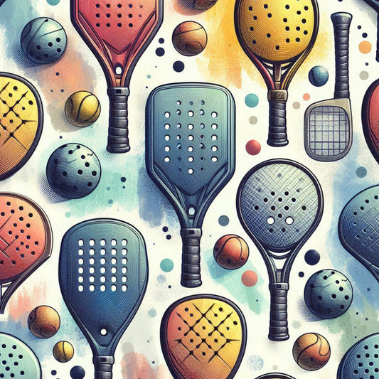 watercolor style, pickleball rackets, padel equipment, sports pattern, turquoise blue, coral orange, golden yellow, sage green, athletic balls, quilting cotton, fabric panel, modern illustration, geometric holes, racket handles, circular motifs, contemporary design, sporting goods, active lifestyle, craft fabric, seamless repeat