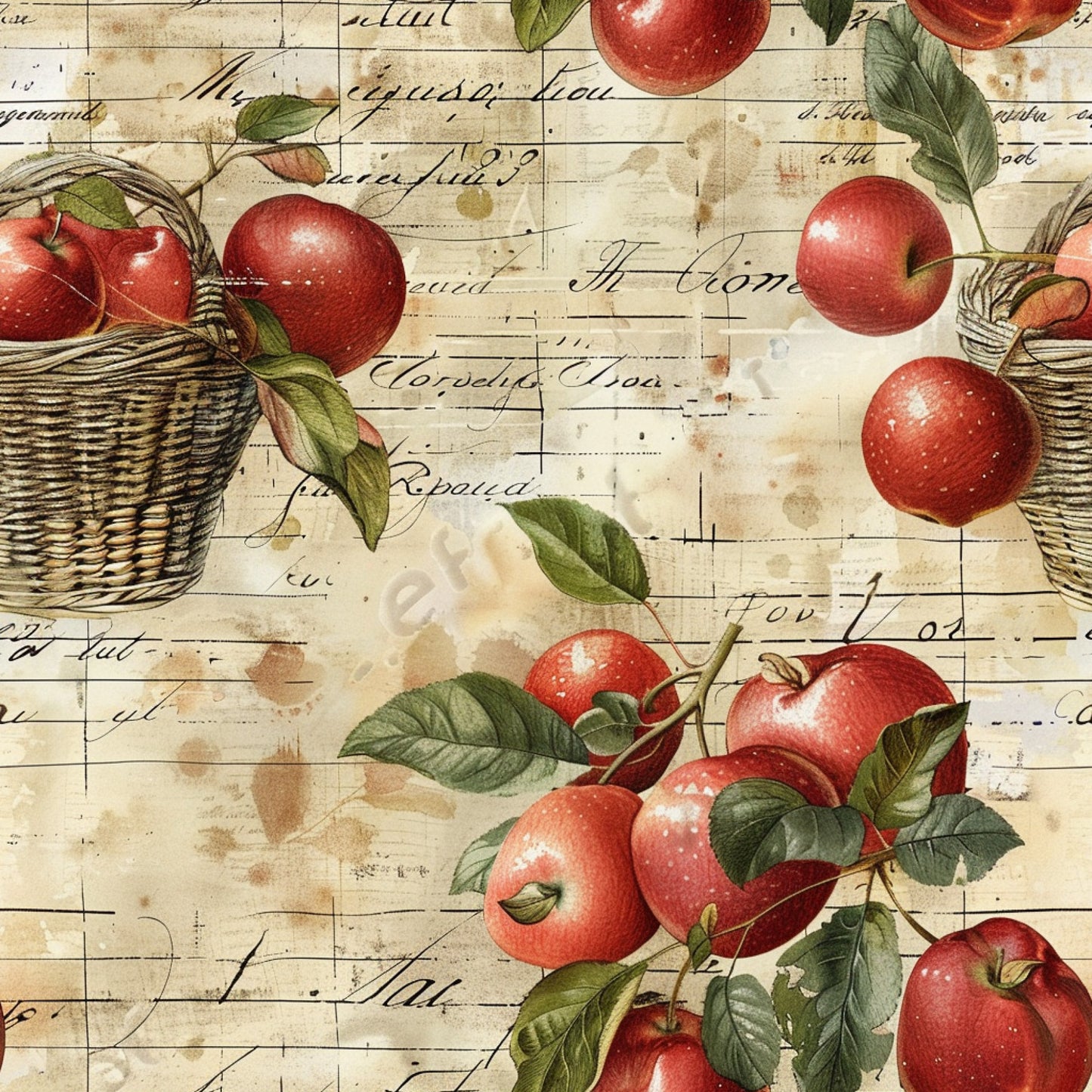 red apples, green leaves, wicker baskets, vintage script, aged paper, botanical illustration, fruit pattern, quilting cotton, fabric panel, rustic farmhouse, harvest theme, autumn colors, handwritten text, natural motifs, country style, orchard design, antique lettering, warm tones, agricultural theme