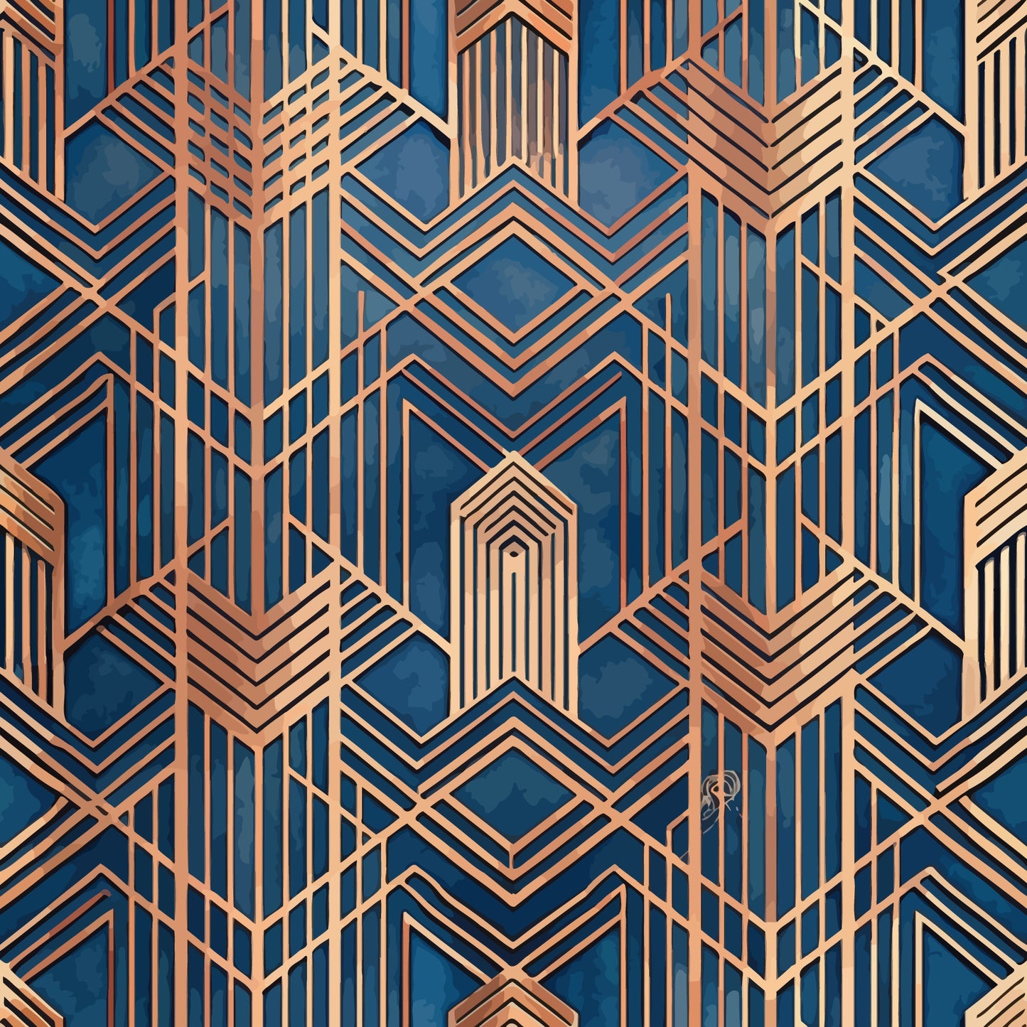 navy blue, copper, rose gold, geometric pattern, art deco, chevron, diamond shapes, hexagonal motifs, metallic accents, linear design, angular lines, vintage style, luxury aesthetic, quilting cotton, fabric panel, sophisticated pattern, ornate details, symmetrical design, decorative elements, elegant motifs