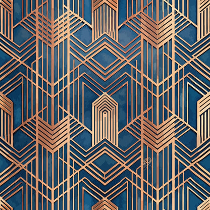 navy blue, copper, rose gold, geometric pattern, art deco, chevron, diamond shapes, hexagonal motifs, metallic accents, linear design, angular lines, vintage style, luxury aesthetic, quilting cotton, fabric panel, sophisticated pattern, ornate details, symmetrical design, decorative elements, elegant motifs